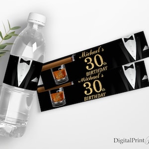 Geburtstag Wasserflasche Etiketten, Whiskey und Zigarren GeburtstagSeinladung, Whisky und Zigarren Geburtstag Etiketten, PERSONALISIERT, Digitale Datei, W21