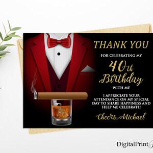 Thank You Card, Whiskey and Cigar Thanks Card, Adult 60th Birthday Party Invitation, Cheers To 60 Years, PERSONALIZED, Digital file, M199