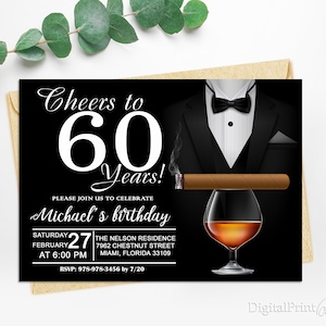 60th Birthday Invitations, Men Birthday Party,  Cognac and Cigar Invite, Cheers To 60 Years Invitation, PERSONALIZED, Digital file, M66