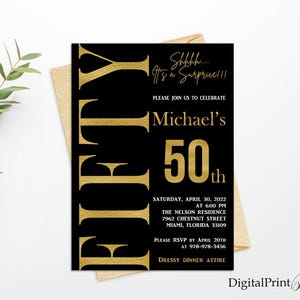 50th Birthday Invitations, Men Birthday Party, Black and Gold Invite, Cheers To 50 Years Invitation, PERSONALIZED, Digital file, M221