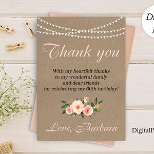 Tarjeta de agradecimiento rústica, Cumpleaños de mujer, Nota de agradecimiento de cumpleaños, PERSONALIZADA, Archivo digital, W9