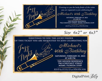 40th Birthday Ticket Invitation, Men Birthday Party, Jazz Night Invite, Trombone Birthday Invitation, PERSONALIZED, Digital file, MS #2