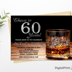 60th Birthday Invitations, Men Birthday Party, Whiskey Birthday Invite, Cheers To 50 Years Invitation, PERSONALIZED, Digital file, M307
