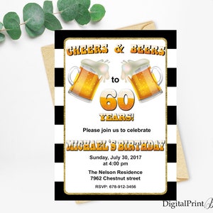 Cheers & Beers To 60th Years, 60th Birthday Beer Themed Invitations, Men Birthday Party, Beer Party, PERSONALIZED, Digital file, M85