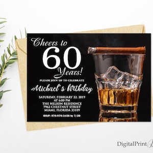 60th Birthday Invitations, Men Birthday Party, Whiskey and Cigar Invite, Cheers To 60 Years Invitation, PERSONALIZED, Digital file, M103