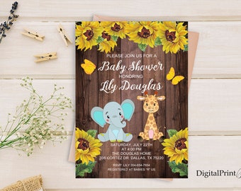 Elefant-Babypartyeinladung, bedruckbare Babyparty, Sonnenblumen-Babypartyeinladung, rustikale Babypartyeinladung, digitale Datei, B31
