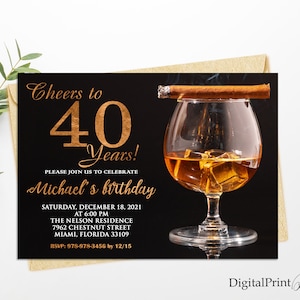 40th Birthday Invitations, Men Birthday Party, Whiskey and Cigar Invite, Cheers To 40 Years Invitation, PERSONALIZED, Digital file, M190