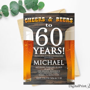 60歳の誕生日ビールテーマの招待状、男性の誕生日パーティー、ビールパーティー、木製ビール誕生日、乾杯とビール、パーソナライズ、デジタルファイル、M27
