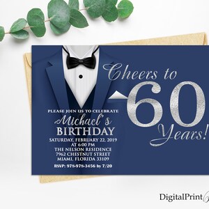 60th Birthday Invitations, Men Birthday Party, Tuxedo Invite, Cheers To 60 Years, Any Age Birthday Invite, PERSONALIZED, Digital file, M261