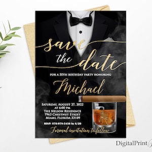Save The Date, 50th Birthday Einladungen, The Tuxedo Whisky and Cigar Party, Any Age Save The Date, PERSONALISIERT, Digitale Datei M172