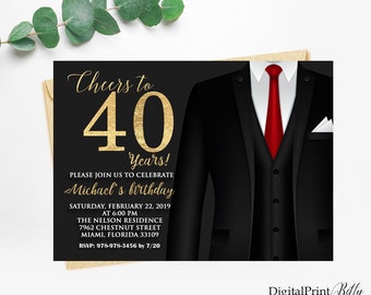 40th Birthday Invitations, Men Birthday Party, Gold and Black Invite, Cheers To 40 Years Invitation, PERSONALIZED, Digital file, M68