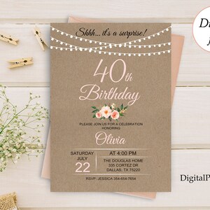 Faire-part d'anniversaire rustique, faire-part fleur, 40e anniversaire, femme tout âge, invitation anniversaire, personnalisé, fichier numérique, W9