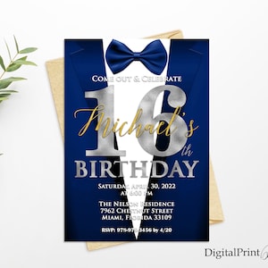 16th Birthday Invitation, Silver and Navy Blue Birthday invite, Boys Birthday Invitation, Silver Invite, PERSONALIZED, Digital file, #267