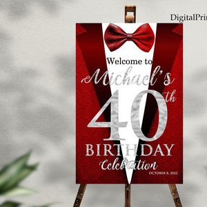 40th Birthday Welcome Sign, Welcome Sign, Birthday Sign, Silver and Red Birthday Party Welcome Sign, PERSONALIZED, Digital file, 259