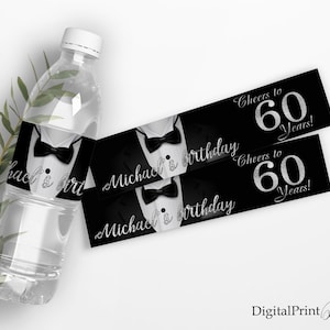 Geburtstag Wasserflasche Etiketten, Schwarz und Silber GeburtstagSeinladung, Die Tuxedo Geburtstagsetiketten, PERSONALISIERT, Digitale Datei, W137