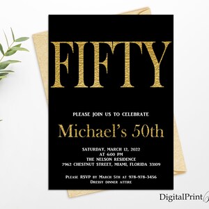 50th Birthday Invitations, Men Birthday Party, Black and Gold Invite, Cheers To 50 Years Invitation, PERSONALIZED, Digital file, M211