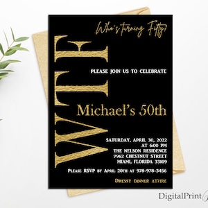 50th Birthday Invitations, Men Birthday Party, Black and Gold Invite, Cheers To 50 Years Invitation, PERSONALIZED, Digital file, M220