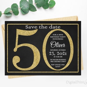 Save The Date, Gold 50th Birthday Invitations Save The Date, Men Birthday Party, Any Age Save The Date, PERSONALIZED, Digital file, M133