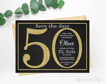 Save The Date, Gold 50th Birthday Invitations Save The Date, Men Birthday Party, Any Age Save The Date, PERSONALIZED, Digital file, M133