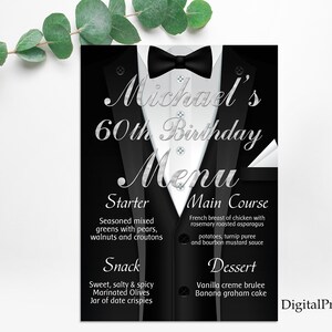 Men Birthday Menu, Tuxedo Birthday Menu, Tuxedo Birthday Invitation, Men Birthday Party, PERSONALIZED, Digital file, M35
