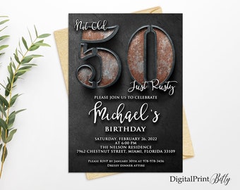 Puede incluir: Invitación de cumpleaños en blanco y negro con un 50 de metal oxidado para una fiesta que celebra el 50 cumpleaños de Michael. La invitación incluye la fecha, la hora, la ubicación y la información de RSVP.