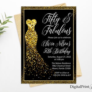 Fifty and Fabulous Invitation, Gold Glitter 50th Woman Birthday Invitation, Any Age Birthday Invite, PERSONALIZED, Digital file, W33