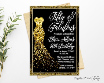Fifty and Fabulous Invitation, Gold Glitter 50th Woman Birthday Invitation, Any Age Birthday Invite, PERSONALIZED, Digital file, W33