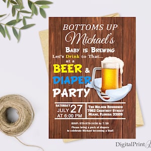 Bottoms Up Beer and Diaper Party Invitation for a Man Shower, Beer and Diaper Party Invite, PERSONALIZED, Digital file, MS1
