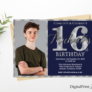 16th Birthday Invitation, Silver and Navy Blue Birthday, Boys Birthday Invitation, Silver Glitter Invite, PERSONALIZED, Digital file, #16