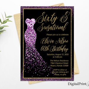 Sixty and Sensational Invitation, Purple Glitter 60th Woman Birthday Invitation, Any Age Birthday Invite, PERSONALIZED, Digital file, W35