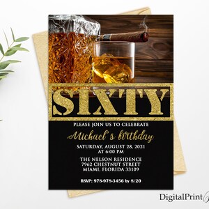 60th Birthday Invitations, Men Birthday Party, Whiskey and Cigar Invite, Cheers To 60 Years Invitation, PERSONALIZED, Digital file, M201