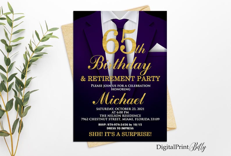 65th Birthday Invitations, Men Birthday Party, Gold and Purple Invite ...