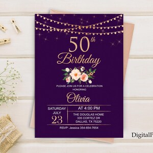 50. Geburtstagseinladung, Blumenfrauen-Geburtstagseinladung, jedes Alter Geburtstag einladen, lila Einladung, PERSONALISIERT, digitale Datei, W18