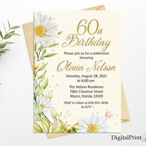 Floral Birthday Invitation, Wildflower Birthday Invitation, 60th Birthday Invitation, Any Age Invite, PERSONALIZED, Digital file, W8