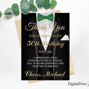 Bedankkaart, Black Tuxedo Bedankt Card, Uitnodiging voor volwassen 50e verjaardagsfeest, Proost tot 50 jaar, GEPERSONALISEERD, Digitaal bestand, M21