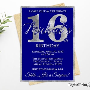 16th Birthday Invitation, Silver and Navy Blue Birthday invite, Boys Birthday Invitation, Silver Invite, PERSONALIZED, Digital file, #15