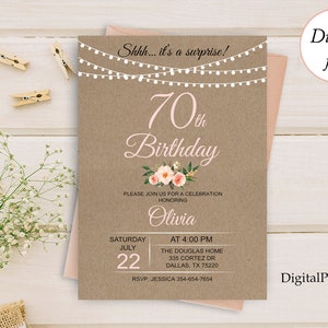 Faire-part d'anniversaire rustique, faire-part de fleurs, faire-part 70e anniversaire, femme de tout âge, invitation d'anniversaire, personnalisée, fichier numérique, W9
