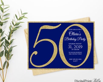50th Birthday Invitation, Gold Glitter Birthday invite, Gold Blue Birthday Invitation, PERSONALIZED, Digital file, W46