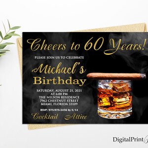 60th Birthday Invitations, Men Birthday Party, Whiskey and Cigar Invite, Cheers To 60 Years Invitation, PERSONALIZED, Digital file, M138