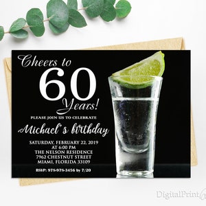 60th Birthday Invitations, Men Birthday Party, Tequila and Lemon Invite, Cheers To 60 Years Invitation, PERSONALIZED, Digital file, M115