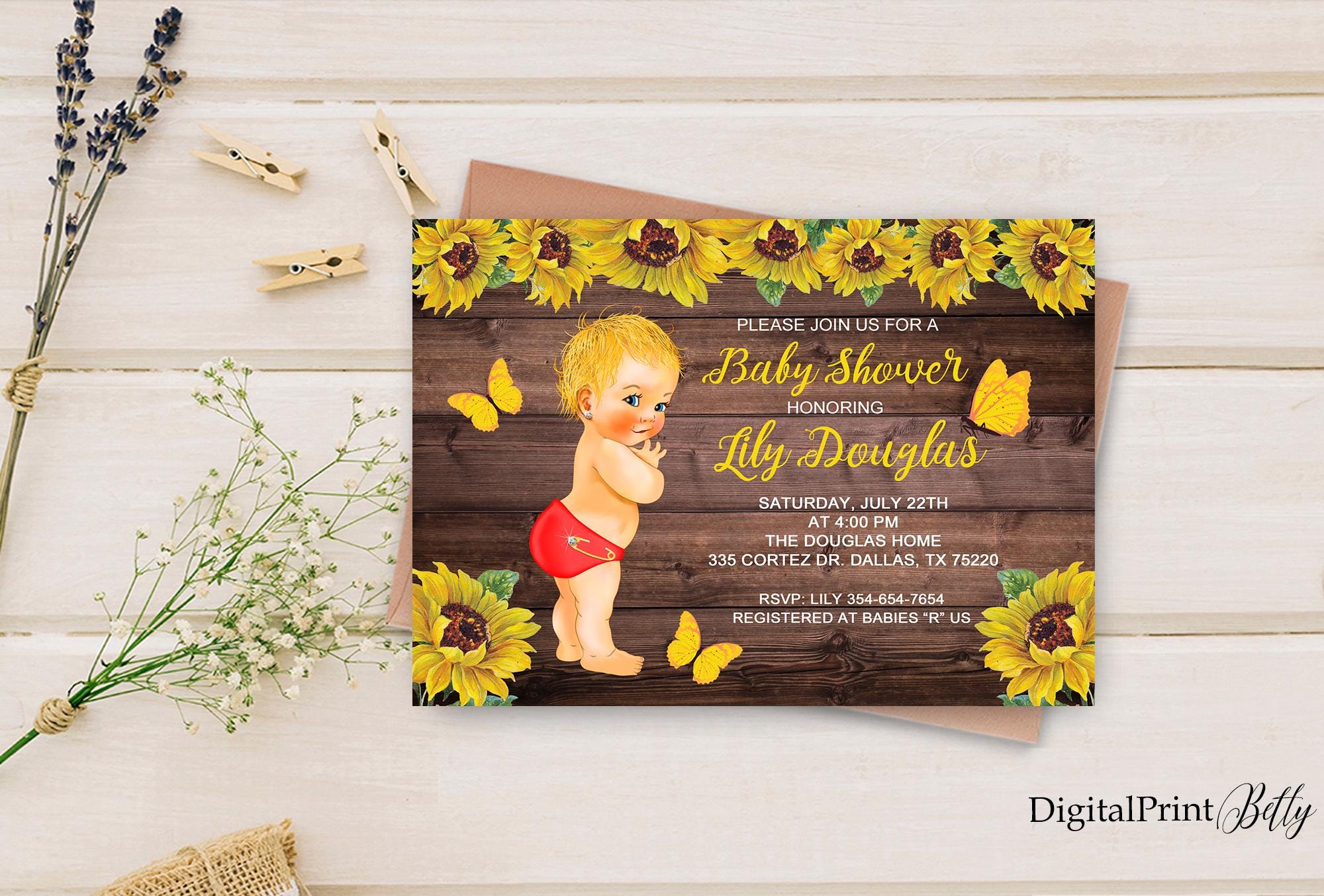 ベビーシャワー招待状、ひまわりベビーシャワー招待状、ひまわりベビー