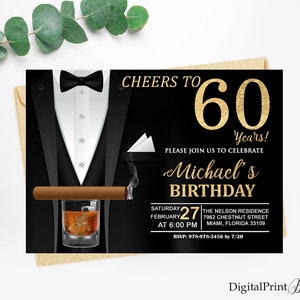 60th Birthday Invitations, Men Birthday Party, Whiskey and Cigar Invite, Cheers To 60 Years Invitation, PERSONALIZED, Digital file, M18