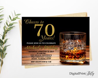 70th Birthday Invitations, Men Birthday Party, Whiskey Birthday Invite, Cheers To 70 Years Invitation, PERSONALIZED, Digital file, M192