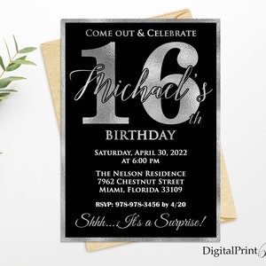 16th Birthday Invitation, Silver and Black Birthday invite, Boys Birthday Invitation, Silver Glitter Invite, PERSONALIZED, Digital file, #3