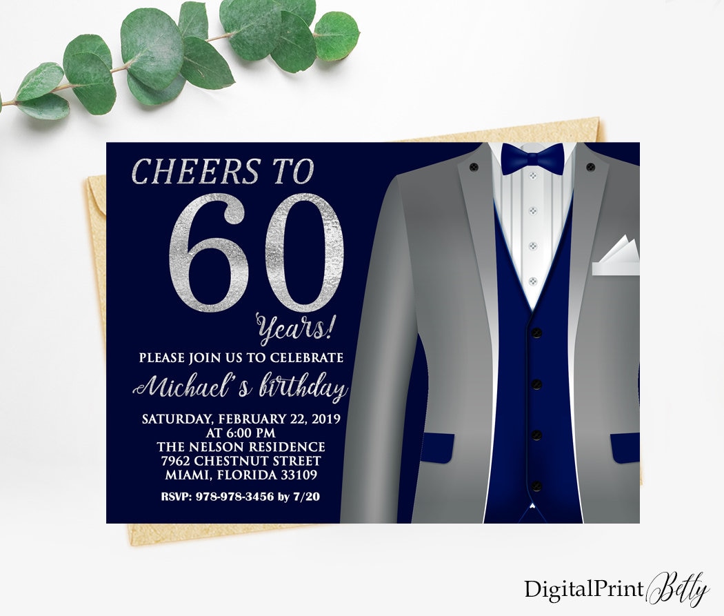 Inviti per il 60° compleanno, Festa di compleanno maschile, Invito argento  e blu, Saluti all'invito per 60 anni, PERSONALIZZATO, File digitale, M19