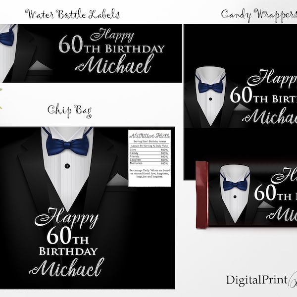 Birthday Water Bottle Labels, Candy Wrappers, The Tuxedo Birthday Labels, Chip Bag, PERSONALIZED, Digital file, M255