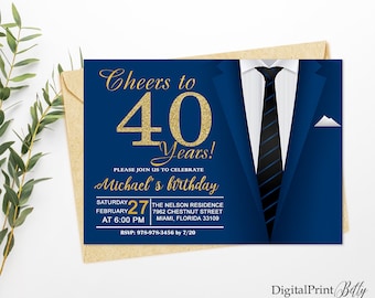 40th Birthday Invitations, Men Birthday Party, Gold and Blue Invite, Cheers To 40 Years Invitation, PERSONALIZED, Digital file, M55