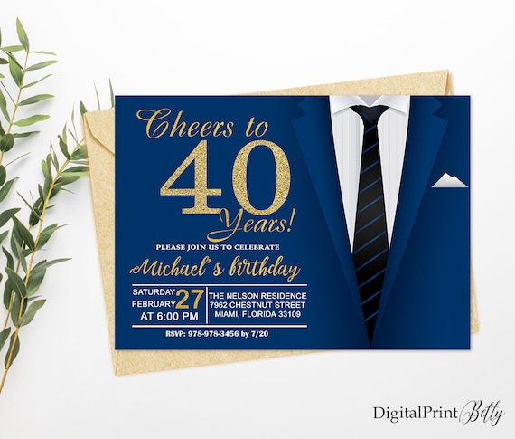 Inviti per il 40 compleanno, Festa di compleanno maschile, Invito oro e  blu, Saluti a 40 anni di invito, PERSONALIZZATO, File digitale, M55 -   Italia