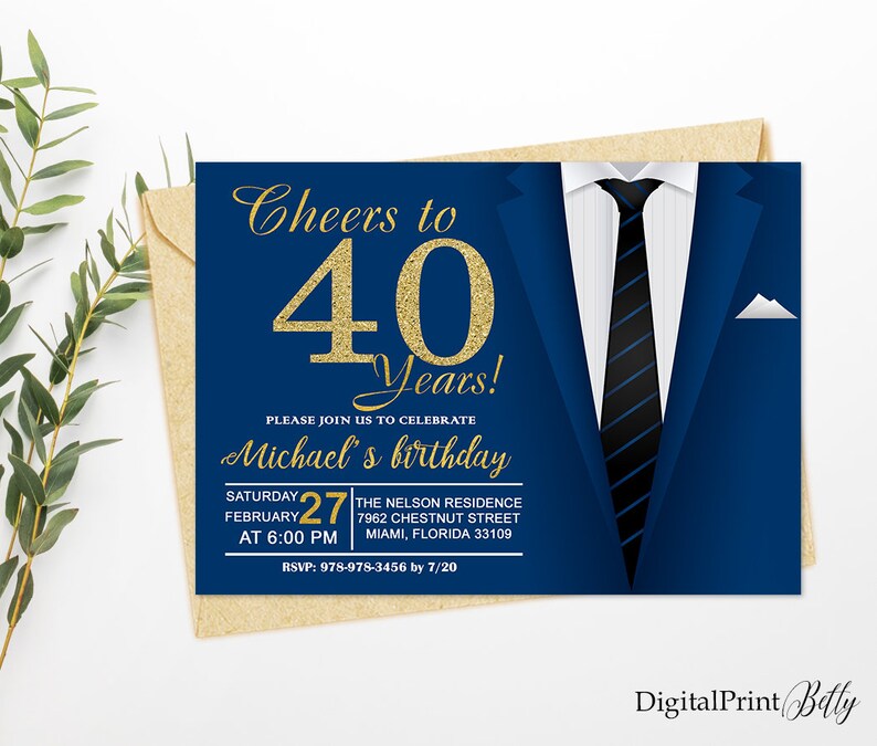 40th Birthday Invitations Men Birthday Party Gold and Blue Etsy