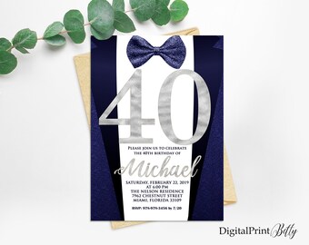 40th Birthday Invitations, Men Birthday Party, Navy Blue Invite, Silver and Navy Blue Tuxedo Invitation, PERSONALIZED, Digital file, M247